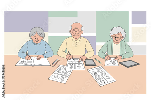 Elderly individuals joyfully learning and creating comics together fostering creativity and community