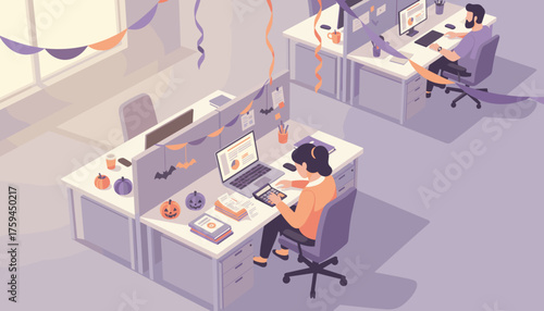 Employees celebrating Halloween in a modern office working amidst festive decorations