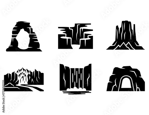 Collection of Stylized Black and White Landscapes and Geological Formations for Design Projects