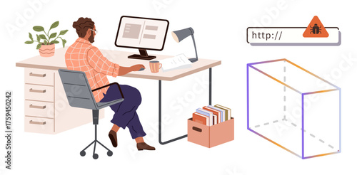 Developer seated at desk debugging code, computer screen visible, bug warning in URL bar, cube symbolizing abstract problem-solving. Ideal for technology, coding, debugging, IT solutions