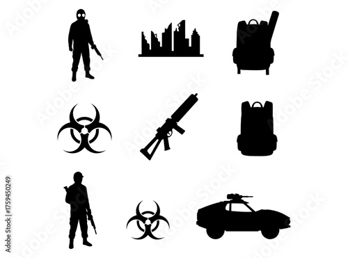 Dynamic vector icon collection featuring essential biohazard, military, and post-apocalyptic survival toolkit elements