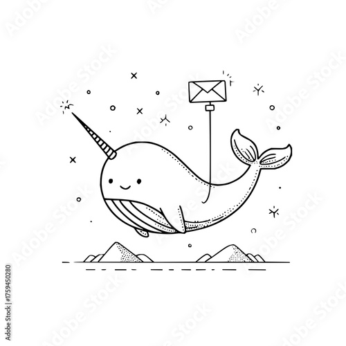 A whimsical narwhal delivering a letter over a dotted landscape in a black and white line drawing style
