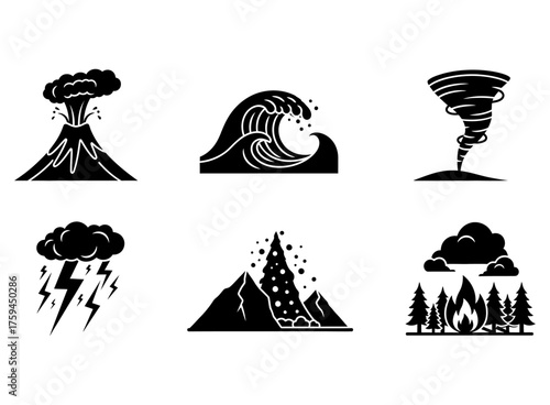 Set of Natural Disasters Icons Volcano Eruption, Tsunami Wave, Tornado, Lightning Storm, Avalanche and Fire