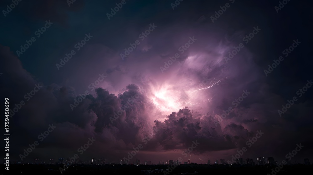 Naklejka premium A dramatic lightning bolt illuminates a turbulent dark storm sky casting an electric glow over a distant city skyline