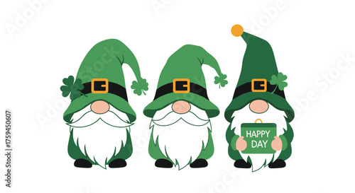 Three green gnomes with pointy hats and white beards on saint patricks day.