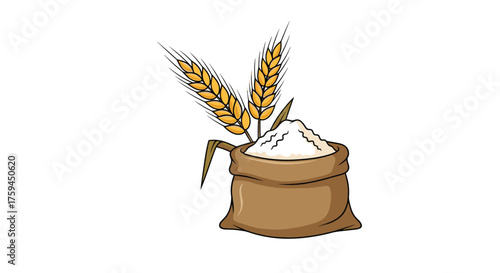 Bag of flour with wheat stalks. A staple food product used in baking bread and pastries.