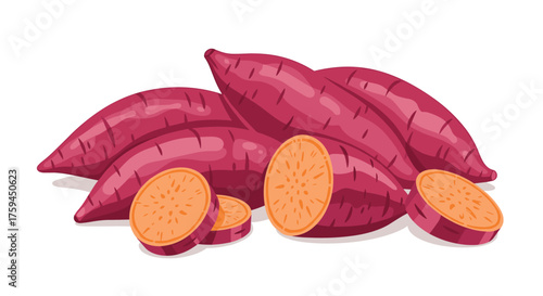 A vibrant pile of fresh sweet potatoes some whole and some sliced revealing their delicious orange flesh.