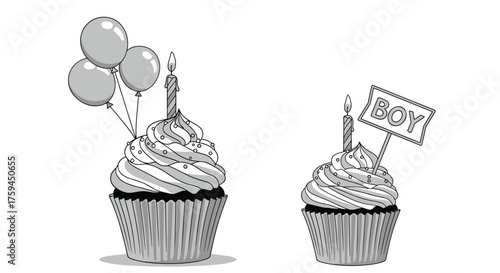 Two festive cupcakes decorated for a gender reveal celebration with one holding balloons and the other displaying a boy sign.