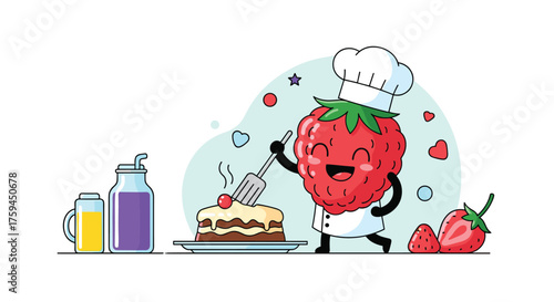 A cheerful strawberry chef decorates a delicious cake with a spatula.