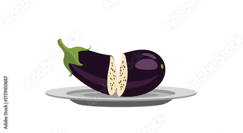 A fresh purple eggplant cut in half sitting on a white plate.