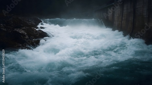 Dramatic powerful water flows over a concrete dam showcasing immense natural force and hydroelectric energy