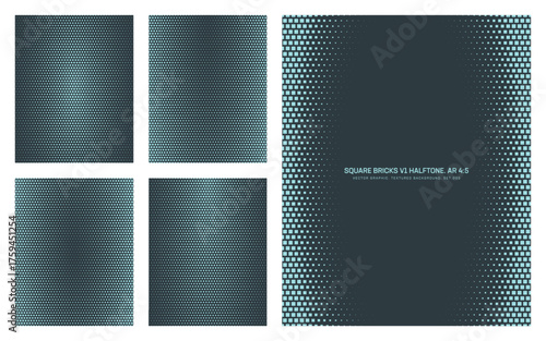 Assorted vector square bricks dark cyan halftone pattern set in vertical 4:5 aspect ratio including oval frame and various smooth textures. Different mod half tone textured design elements bundle