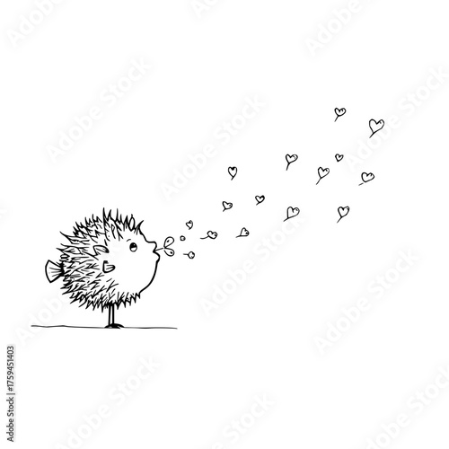 A spiky fish blowing hearts into the air with a white background in a black and white sketch style