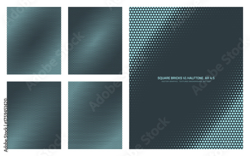 Assorted vector square bricks dark cyan halftone pattern set in vertical 4:5 aspect ratio including diagonal oval frame and various smooth textures. Varied mod half tone texture design elements bundle
