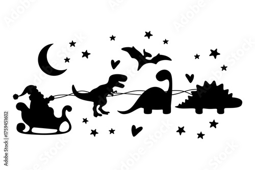 Christmas decoration clip art with silhouettes of Santa Claus and dinosaurs on a sleigh.