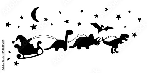 Christmas decoration clip art with silhouettes of Santa Claus and dinosaurs on a sleigh.