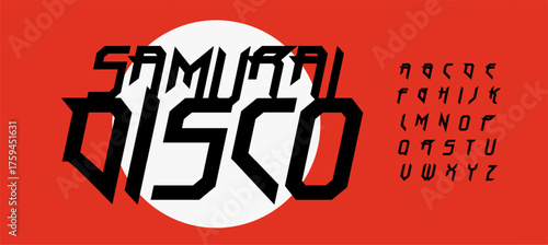 Samurai Japan font, angular sharp letters. Japanese techno alphabet for poster, music cover, DJ party, gaming, esports, flyer title, logo. Asia culture fonts, edgy typography. Vector illustration