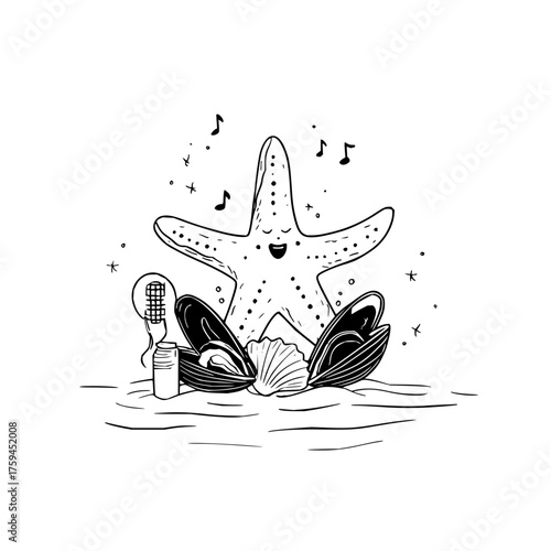 A singing starfish with a microphone and clams on the beach under musical notes in black and white