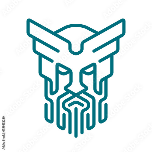 Fototapeta Illustrated grim-looking viking with a helmet in linear style