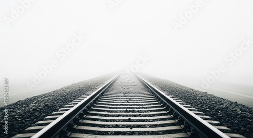 Train tracks disappearing into a thick fog, creating a mysterious and atmospheric scene that evokes a sense of journey, adventure, and the unknown