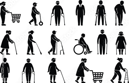 Diverse elderly people silhouettes with mobility aids and shopping carts diverse elderly people silhouettes