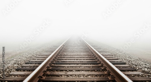 Railroad tracks disappearing into a thick, white fog, creating a sense of mystery and the unknown, with a focus on the perspective of the viewer looking down the line