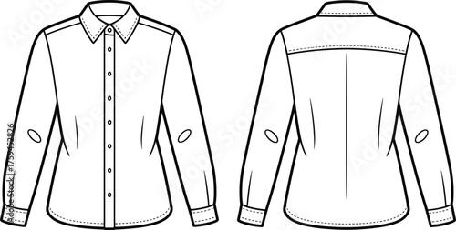 Button-up shirt technical sketch, front and back view, elbow patch detail, fashion illustration, garment template, sewing pattern, apparel drawing