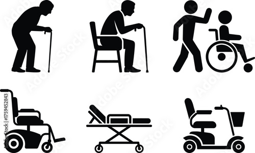 Icon set elderly care mobility aids wheelchairs stretcher scooters medical assistance
