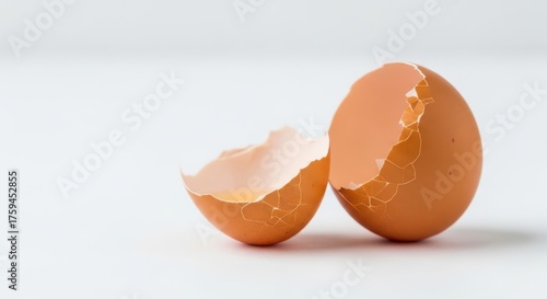 Two halves of a broken brown eggshell resting on a white background, one half showing the inside of the shell and the other the outside, isolated on white background