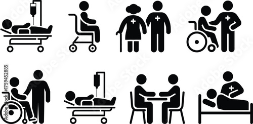 Medical care icons set hospital patient doctor nurse wheelchair treatment healthcare icons