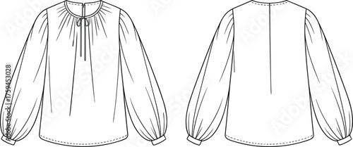 Gathered blouse sketch, fashion illustration, keyhole neckline, pleated back, voluminous sleeves, garment design, sewing pattern, front back view, technical drawing