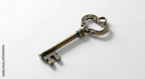 An antique, ornate brass key with intricate detailing lies on a clean white surface, symbolizing access, secrets, and vintage charm