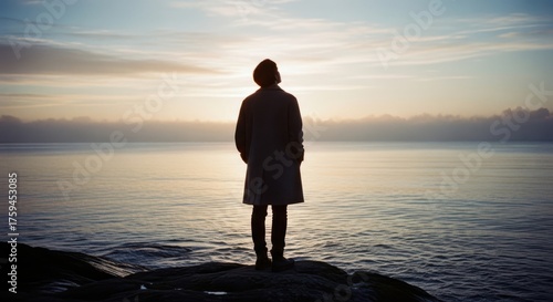 Silhouetted against a vibrant sunset, a person stands on a rocky outcrop overlooking the tranquil sea, embodying a moment of peaceful reflection and awe