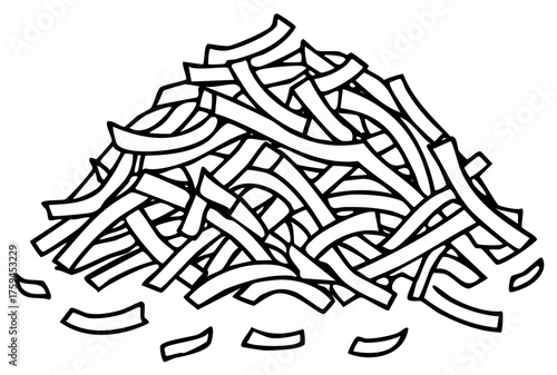 A messy pile of thin french fries or potato strips in a doodle style