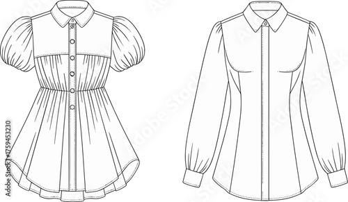 Women's blouse fashion illustration, puff sleeve top, long sleeve shirt design, garment sketch, clothing pattern, sewing template, apparel drawing