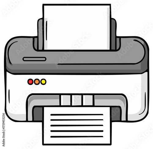 Cartoon style printer with paper output and three indicator lights