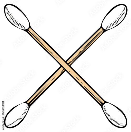 Crossed cotton swabs illustration in black line art