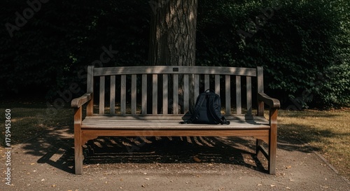A weathered wooden park bench sits empty under the dappled sunlight filtering through the leaves of a large tree, with a dark backpack resting on its seat
