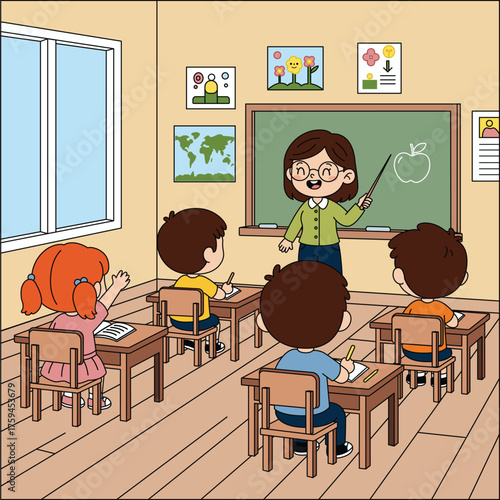The teacher is teaching the students in front of the classroom.