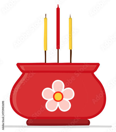 Red Incense Burner with Three Candles and Floral Decoration