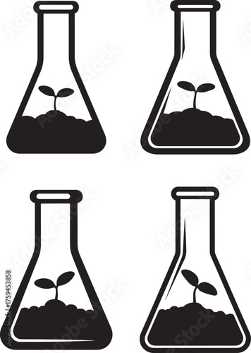 Four flasks with seedlings growing in soil silhouette