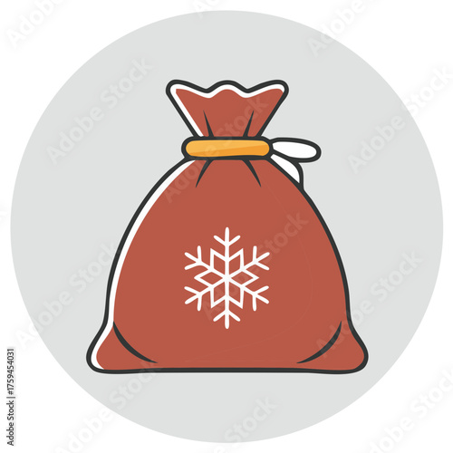 Red gift bag with white snowflake icon and yellow drawstring for winter holidays