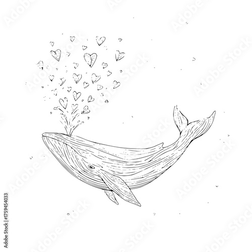 Whale spouting hearts in black and white sketch illustration with detailed line work and artistic style