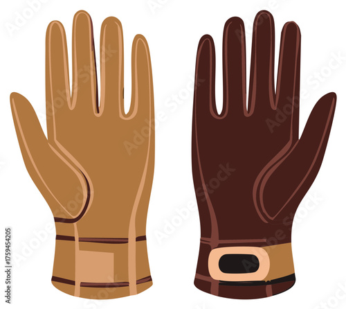 Vector illustration of two leather gloves with brown and tan color scheme