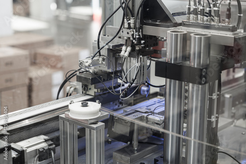 Wallpaper Mural Close-up of an industrial wire processing machine featuring rollers, pneumatic actuators, and numerous cables in a high-tech automation system. Includes copy space Torontodigital.ca