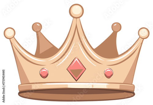 Cartoon style golden king or queen crown with sparkling pink gemstones