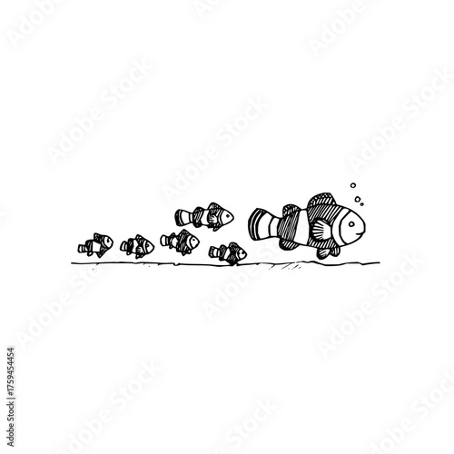 A sketch of a group of clownfish swimming in a line with bubbles above the largest fish near the bottom
