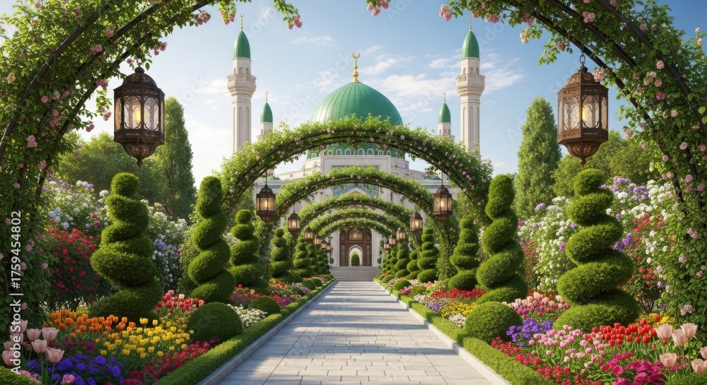 Fototapeta premium Enchanting islamic garden pathway leading to a mosque with lush greenery