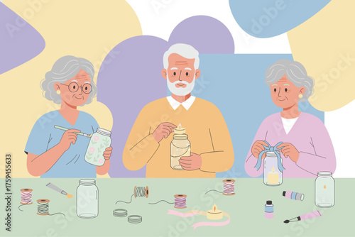 Seniors crafting decorative jars with paint lights and ribbons Leisure creativity community hobby