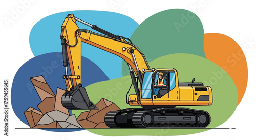 Industrial excavator with operator breaking ground symbolizing construction and development